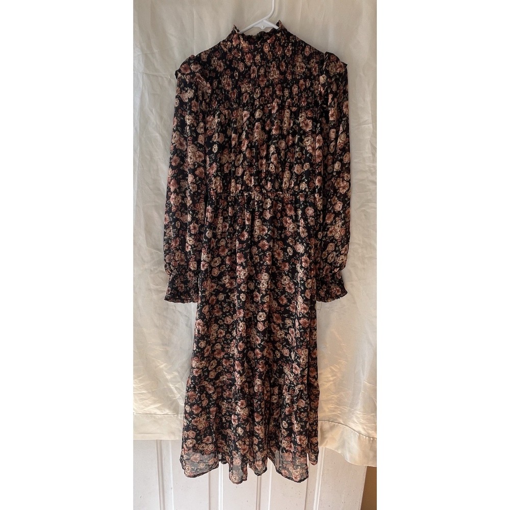 By The River Floral‎ Peasant Long Dress Black Small Mock Neck Cottagecore New